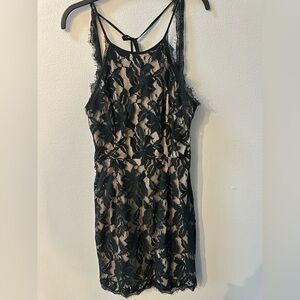 Black Lace Open Back Mini Dress Size Large – Nude Lined, Strappy Back